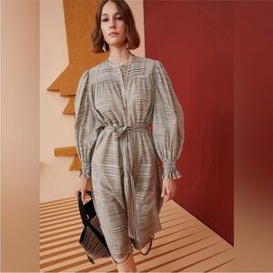 Ulla Johnson Fiora Cotton Long Sleeve‎ Midi Dress Okapi Stripe Neutral Size 0